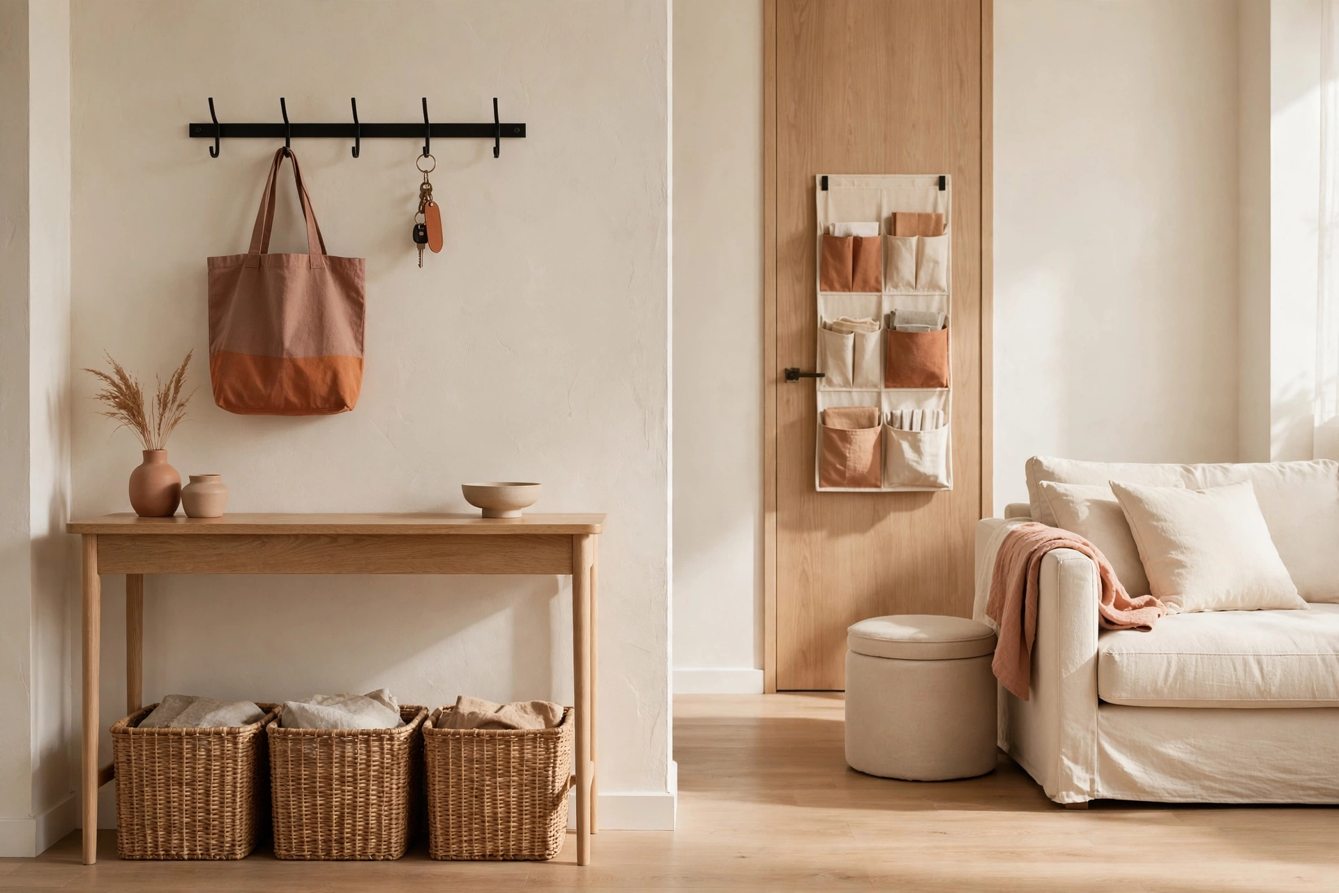Warm, organized living room with storage baskets